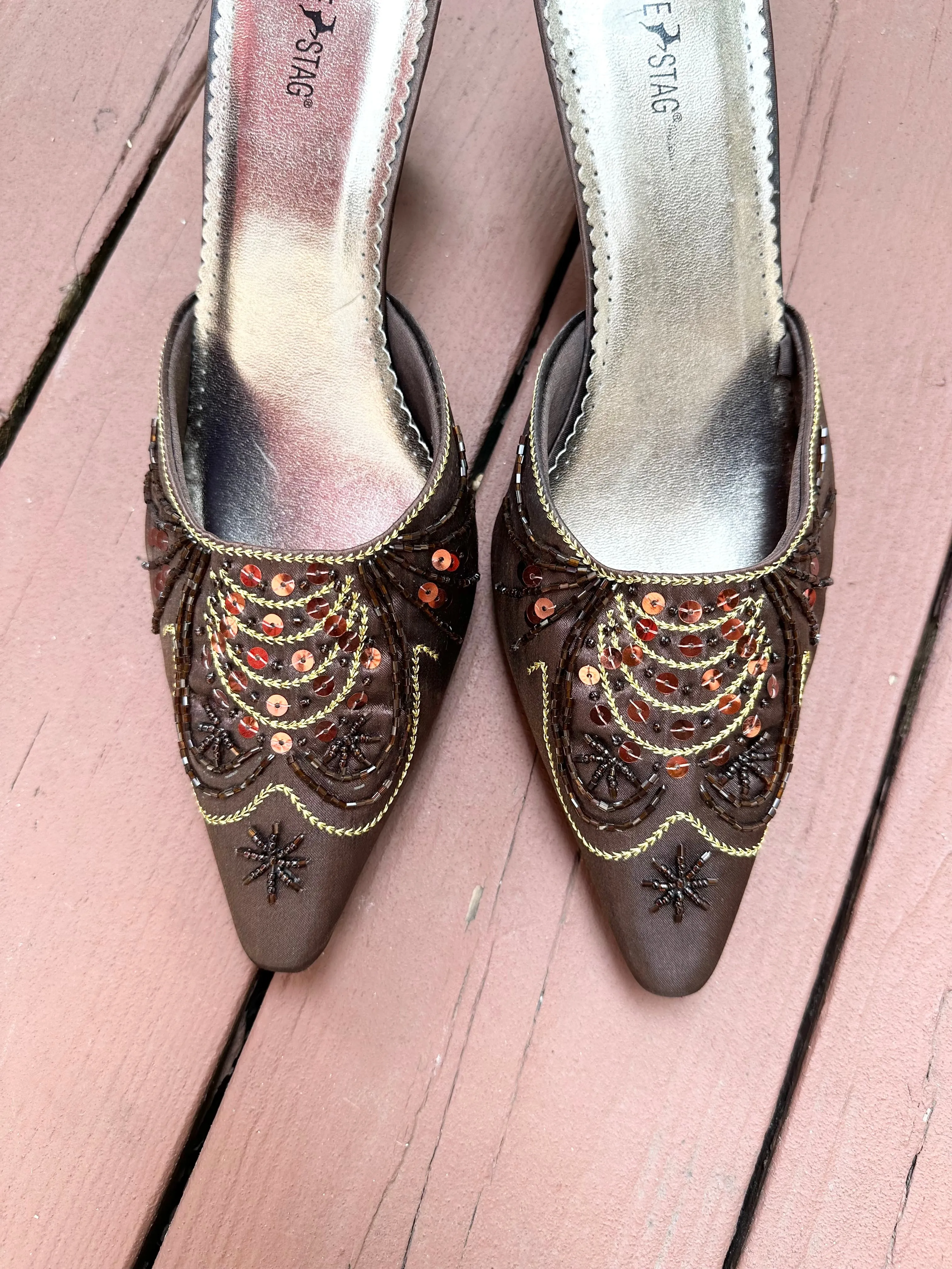 2000s Chocolate Brown Satin Beaded Sequin Pointed Kitten Heel Mules (11)