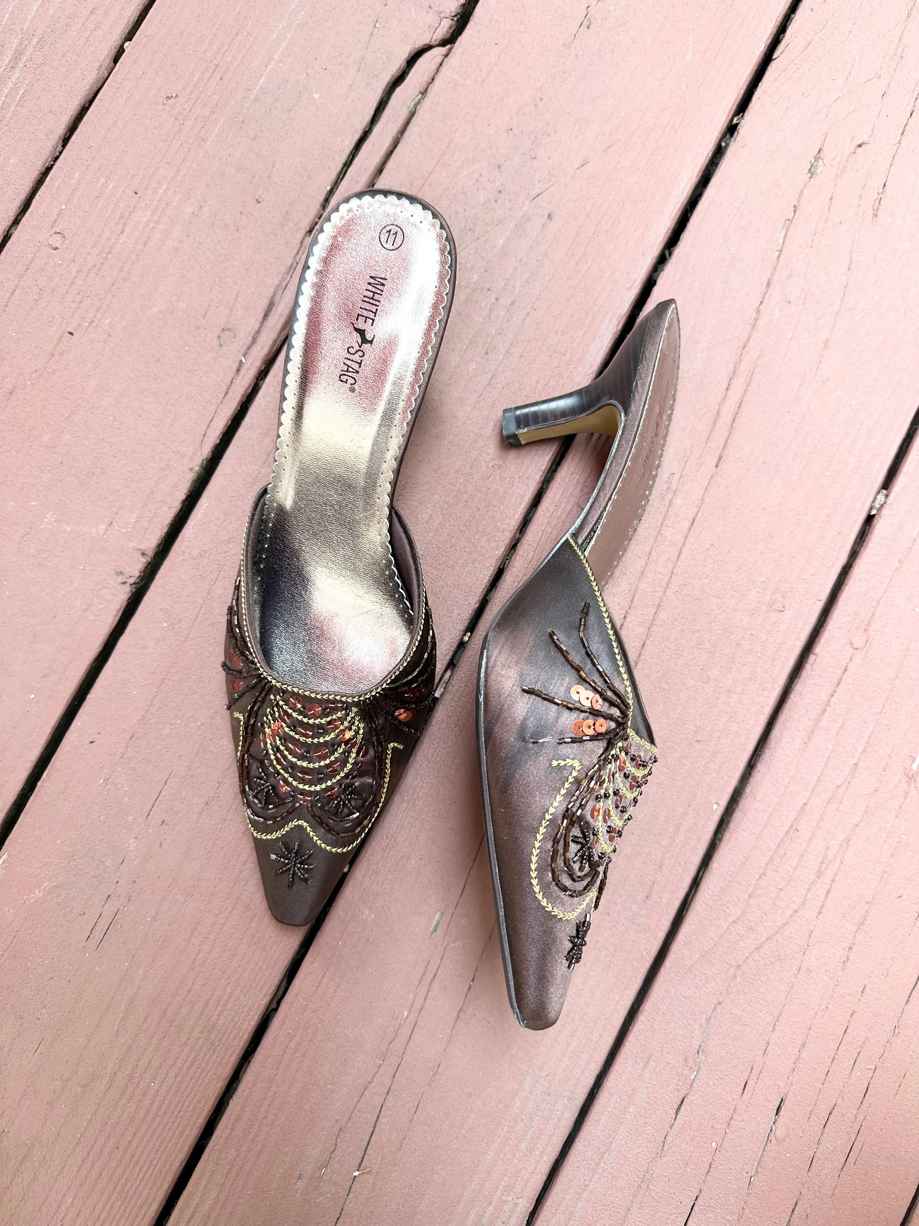 2000s Chocolate Brown Satin Beaded Sequin Pointed Kitten Heel Mules (11)
