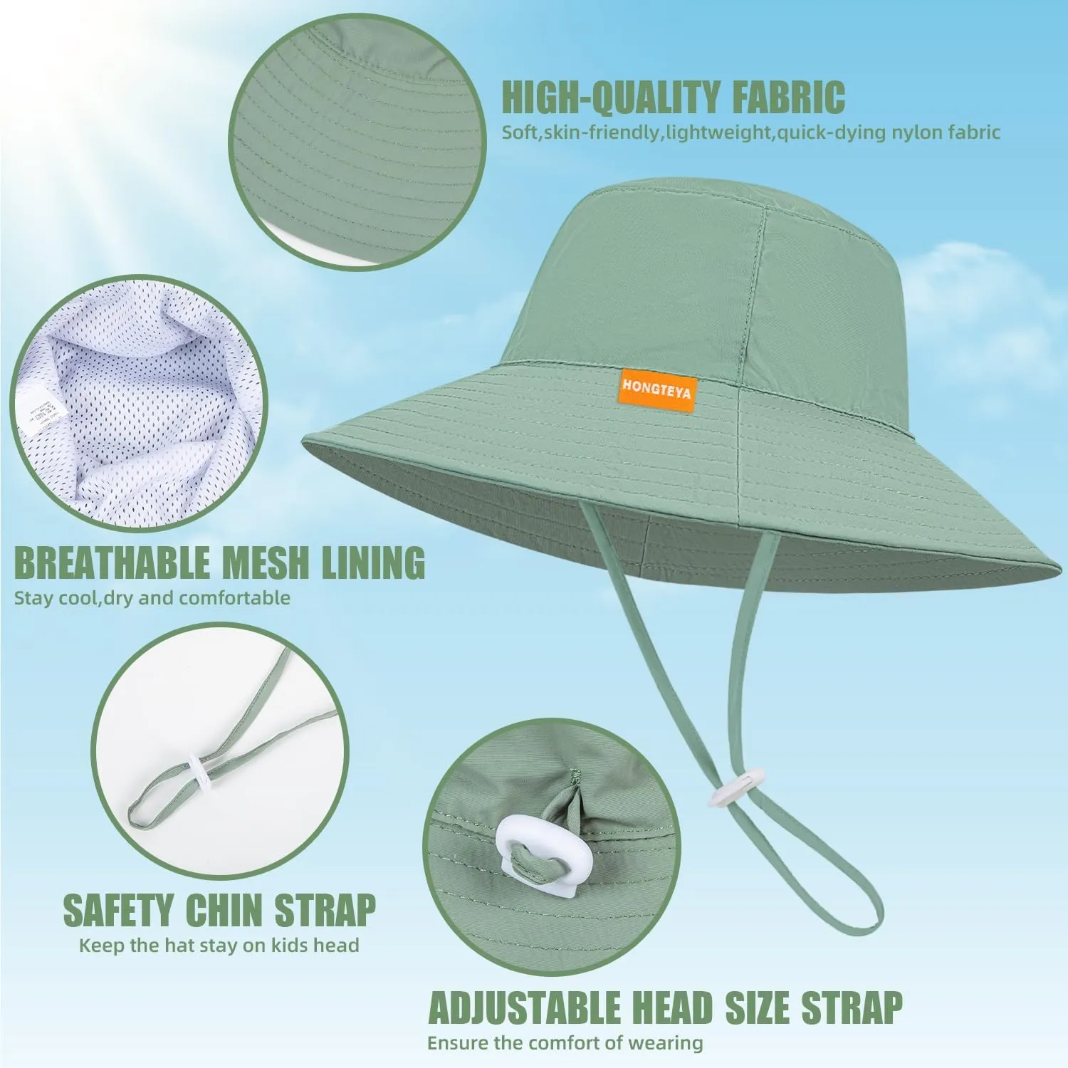 Baby Sun Hat Kids Summer UPF 50  Toddler Bucket Hat Wide Brim Adjustable Beach Hats for Boys Girls Age 0-6 Years