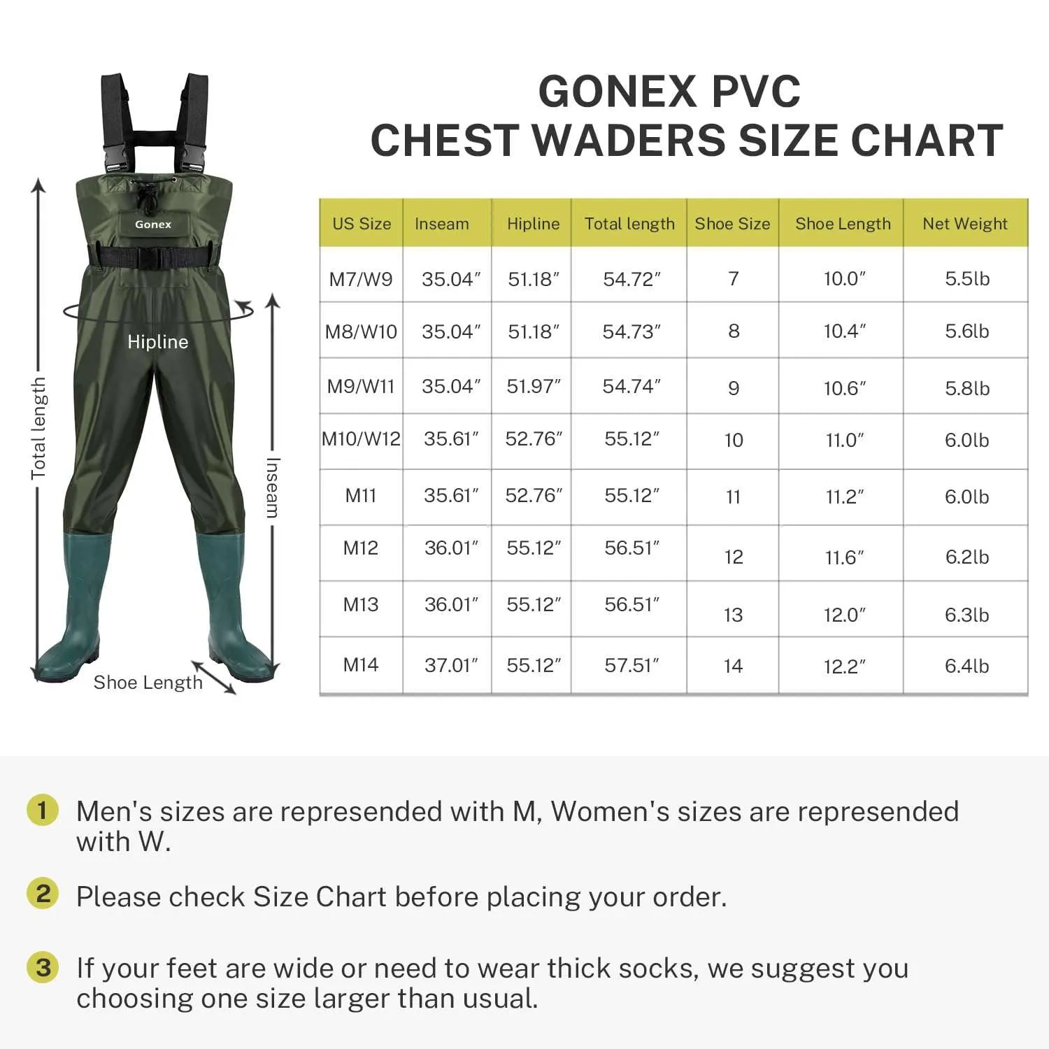 Gonex Chest Waders, Size 9-Size 14
