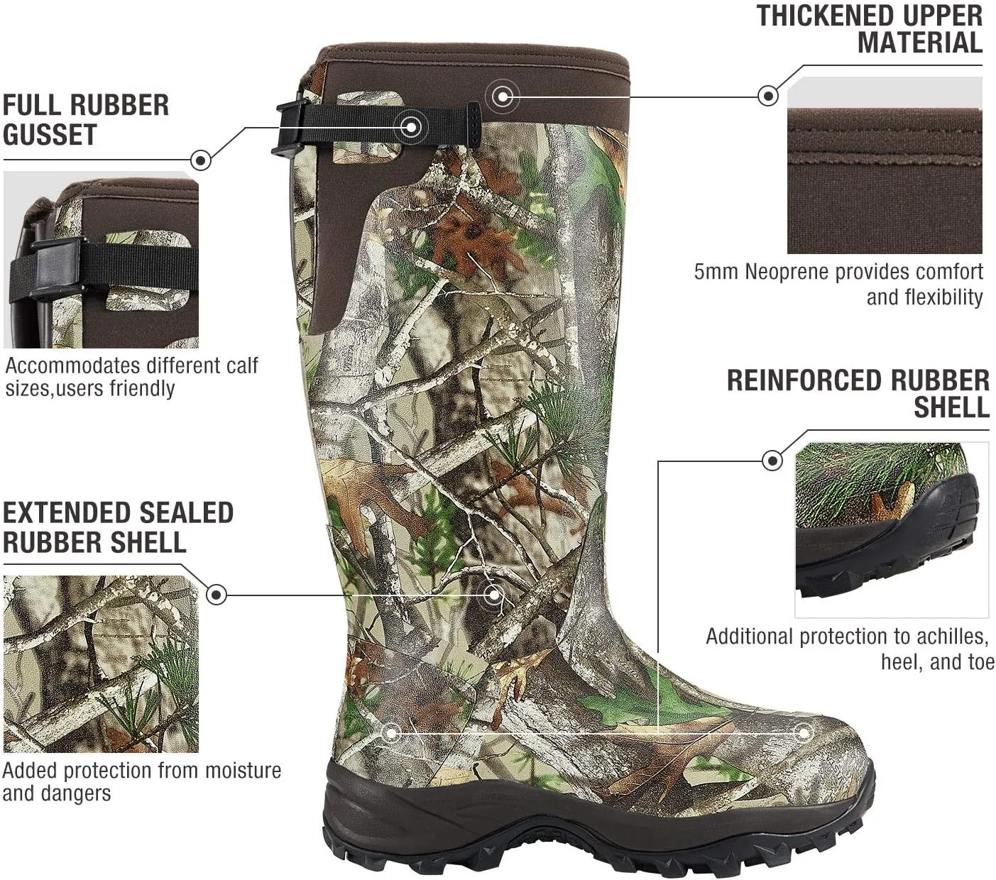 HISEA Rubber Hunting Boots, Tall Warm Neoprene Waterproof Insulated Basic Hunting Boots, Mens Adjustable Winter Boots Durable Slip Resistant Outdoor Hunting Fishing Working Boots for Men