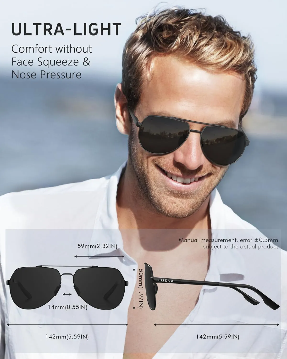 LUENX Aviator Sunglasses for Men Women Polarized New Shades Large Metal Frame - UV 400 Protection