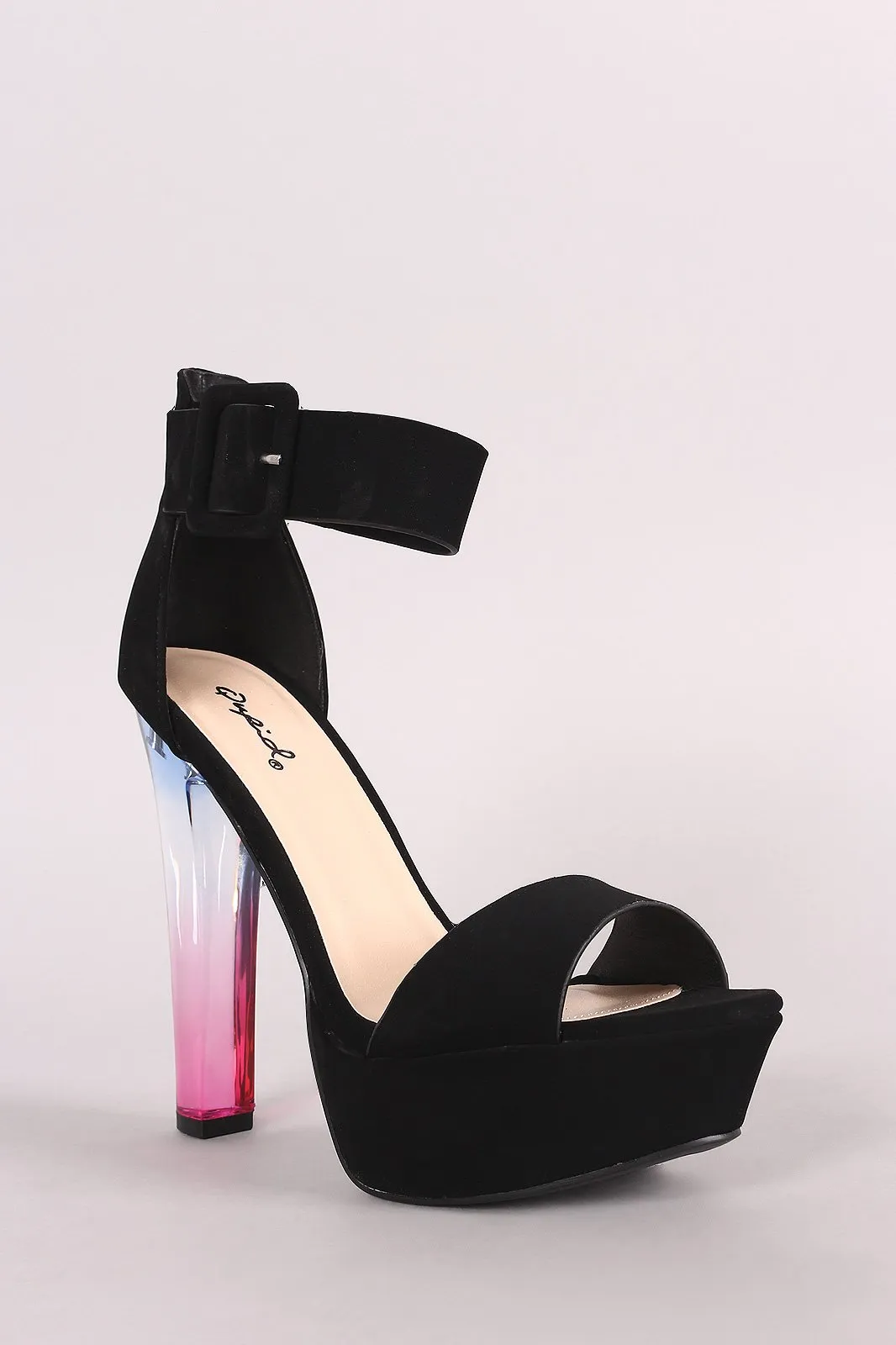 Qupid Nubuck Ankle Strap Platform Ombre Clear Heel