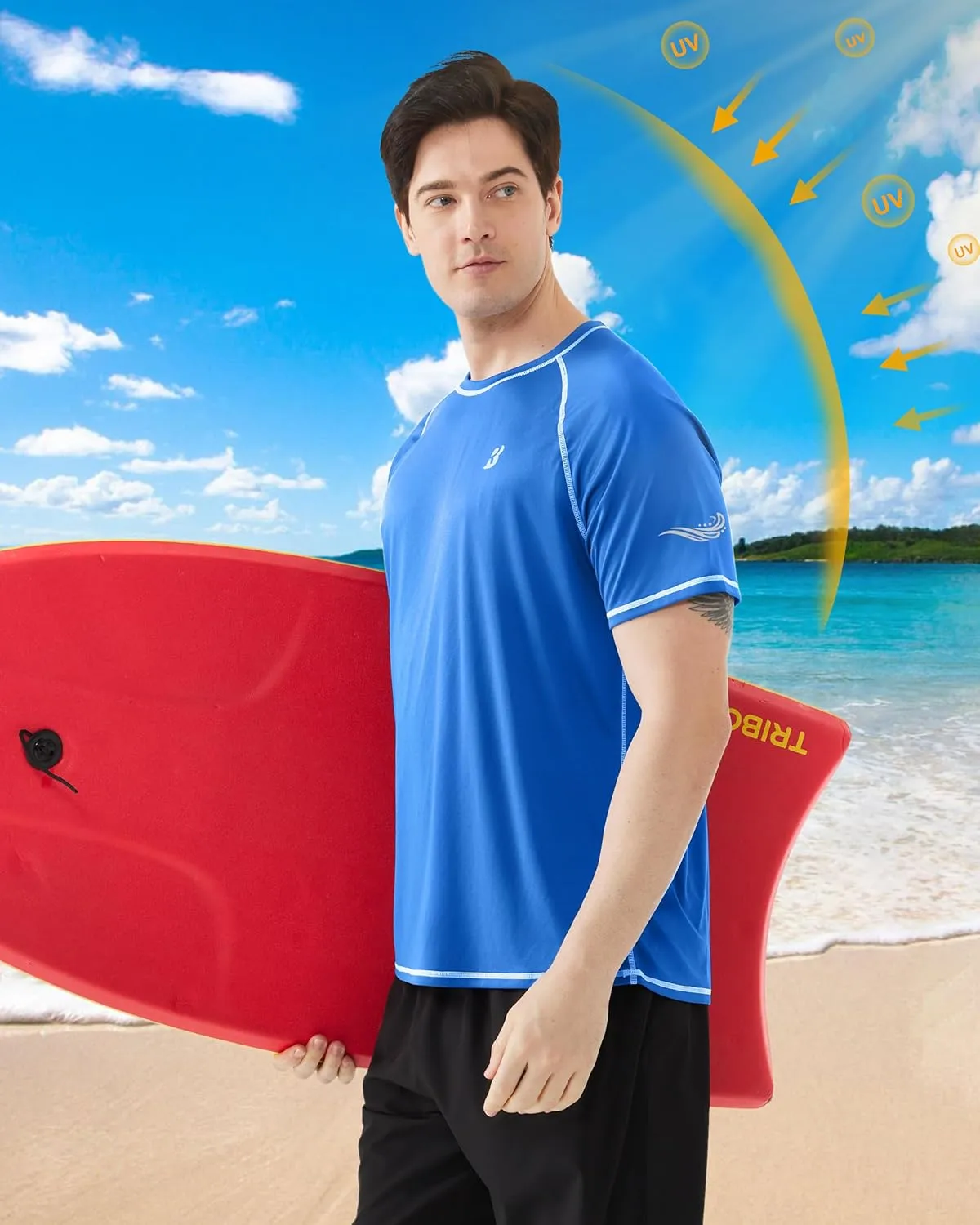 Roadbox Men's UPF 50  Swim Shirts, Short Sleeve UV Sun Protection Rash Guard T-Shirt, Quick Dry Water Surfing Beach Tees