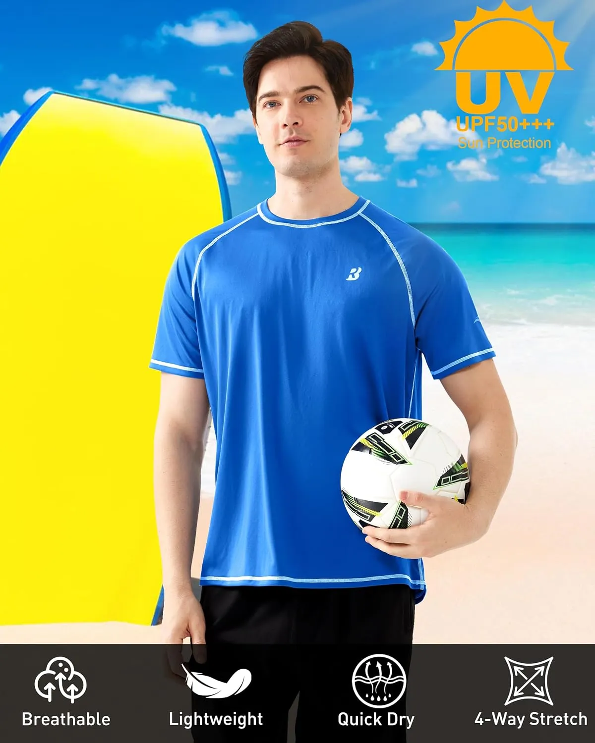 Roadbox Men's UPF 50  Swim Shirts, Short Sleeve UV Sun Protection Rash Guard T-Shirt, Quick Dry Water Surfing Beach Tees