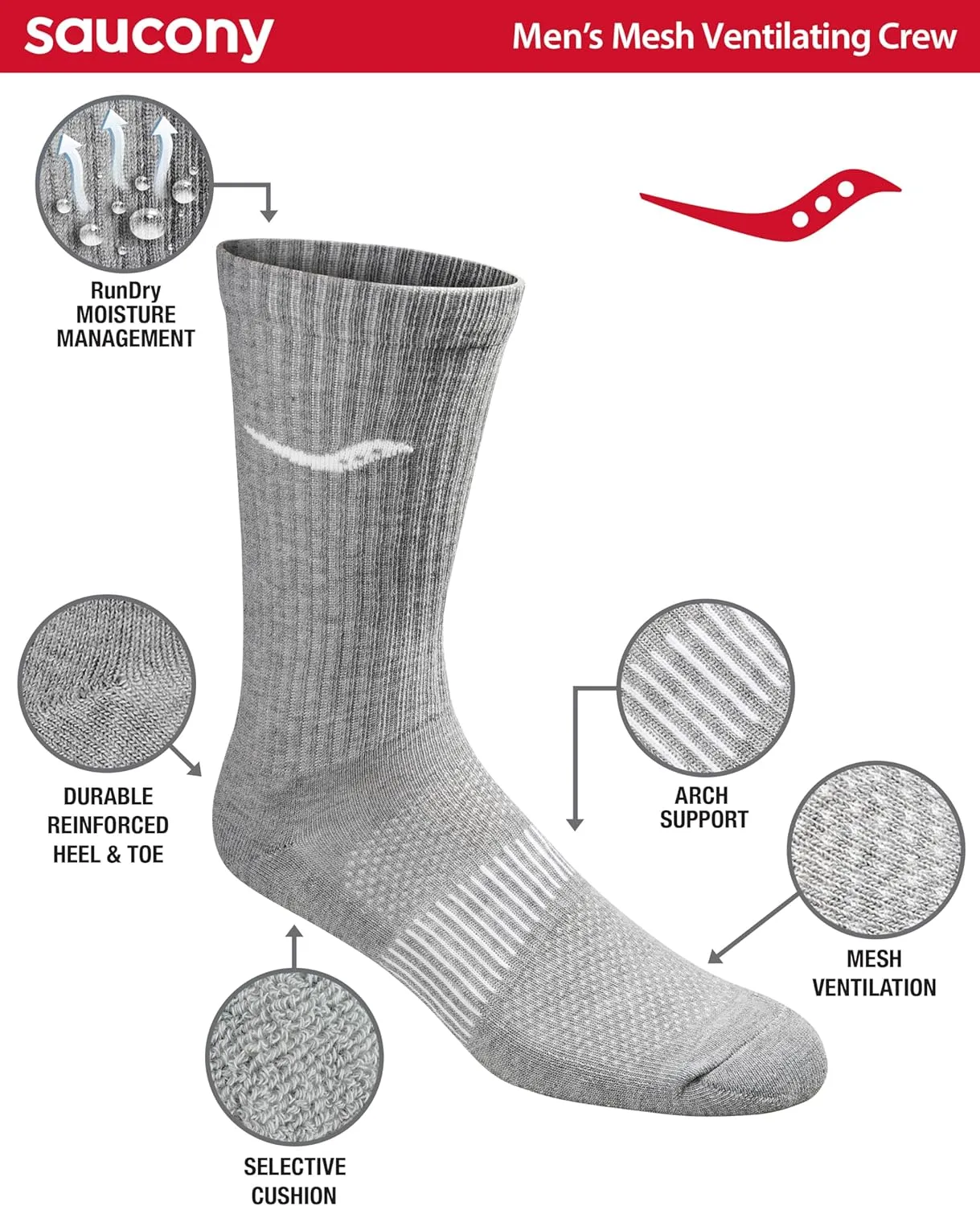 Saucony Men's RunDry Mesh Ventilating Comfort Fit Performance Crew Socks, Available in L-XL (3, 6, 12 Pairs)