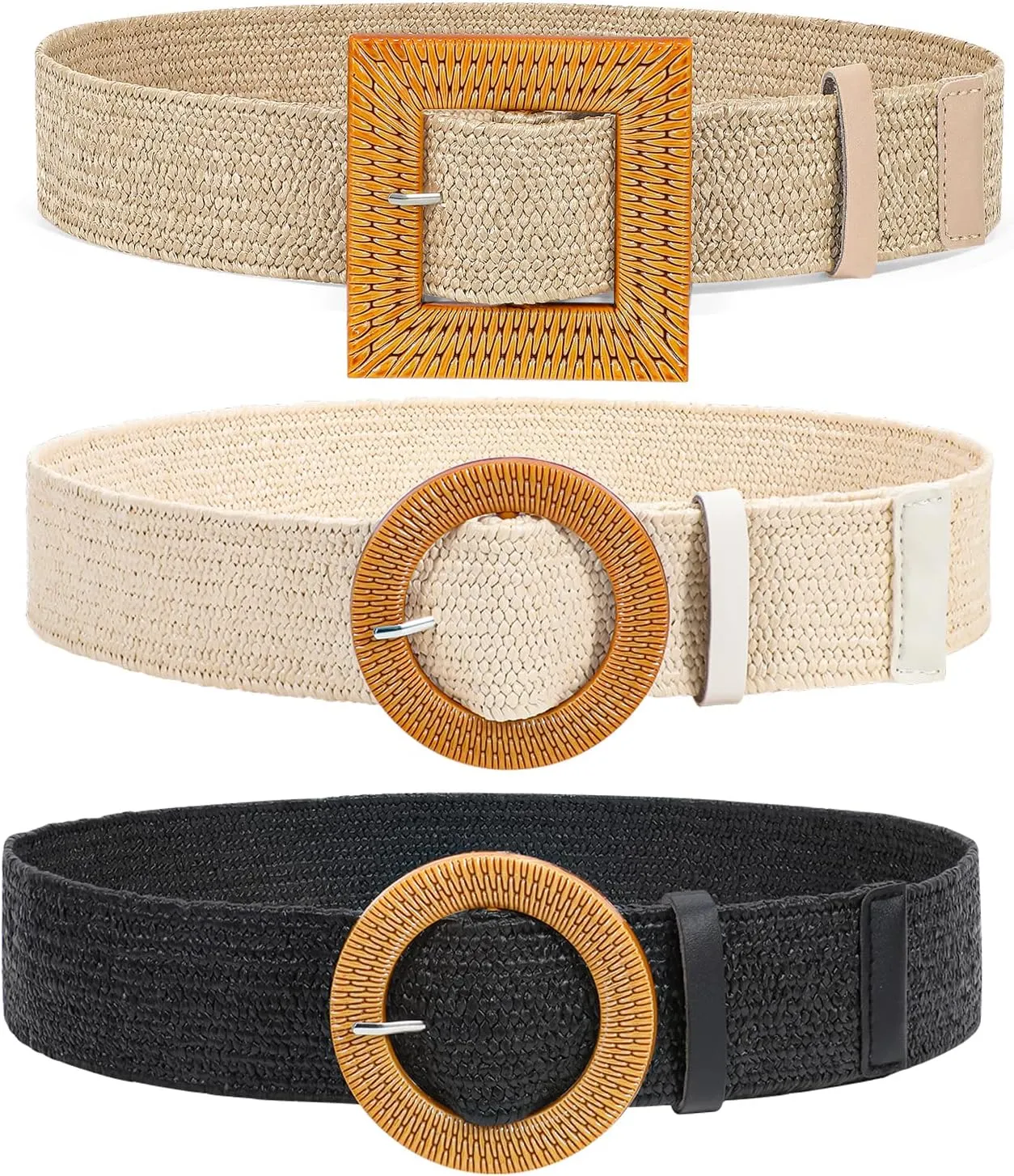 VONMELLI 4 Pack Straw Woven Elastic Stretch Waist Belt Fashion Boho Dress Braided Belts for Women