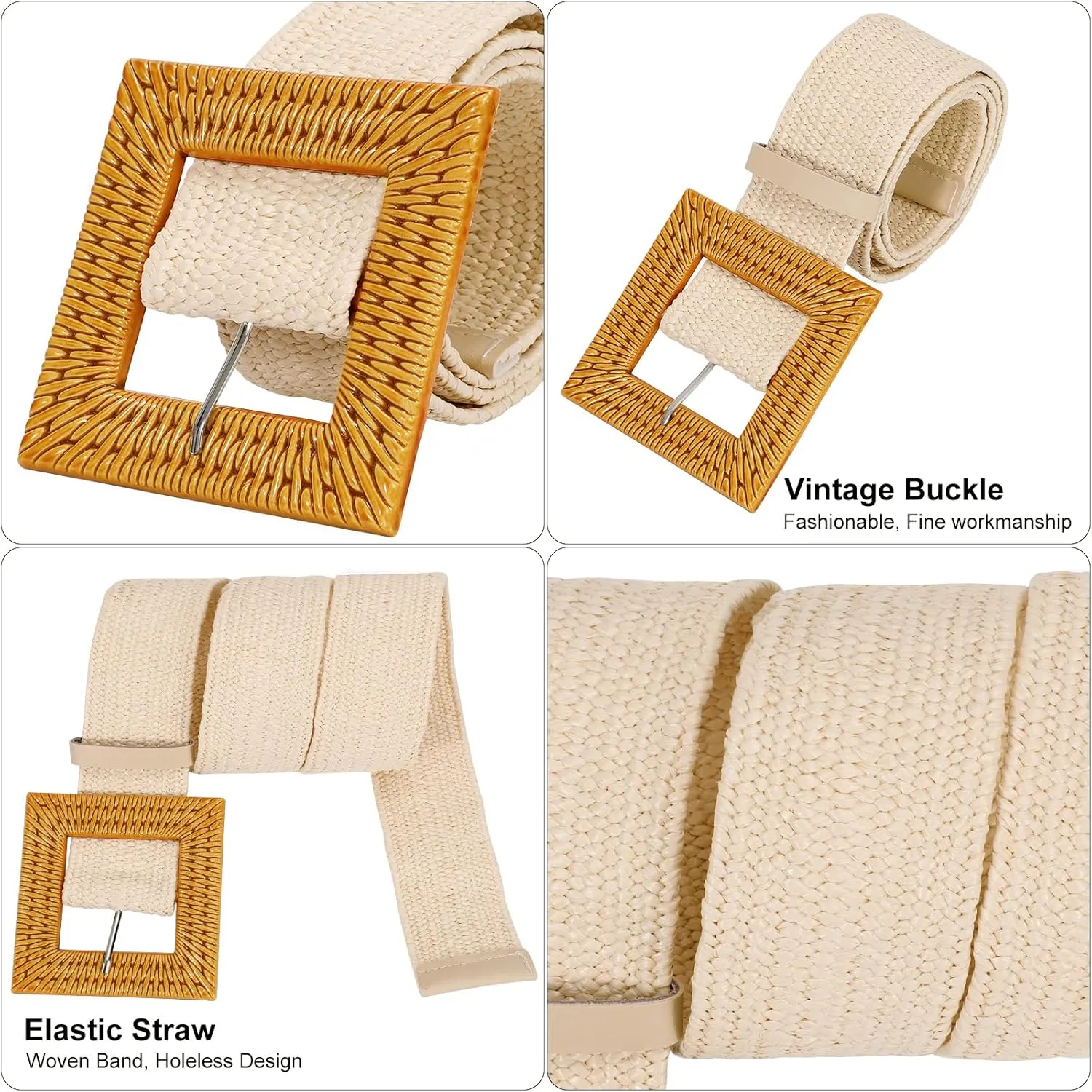 VONMELLI 4 Pack Straw Woven Elastic Stretch Waist Belt Fashion Boho Dress Braided Belts for Women