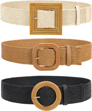 VONMELLI 4 Pack Straw Woven Elastic Stretch Waist Belt Fashion Boho Dress Braided Belts for Women
