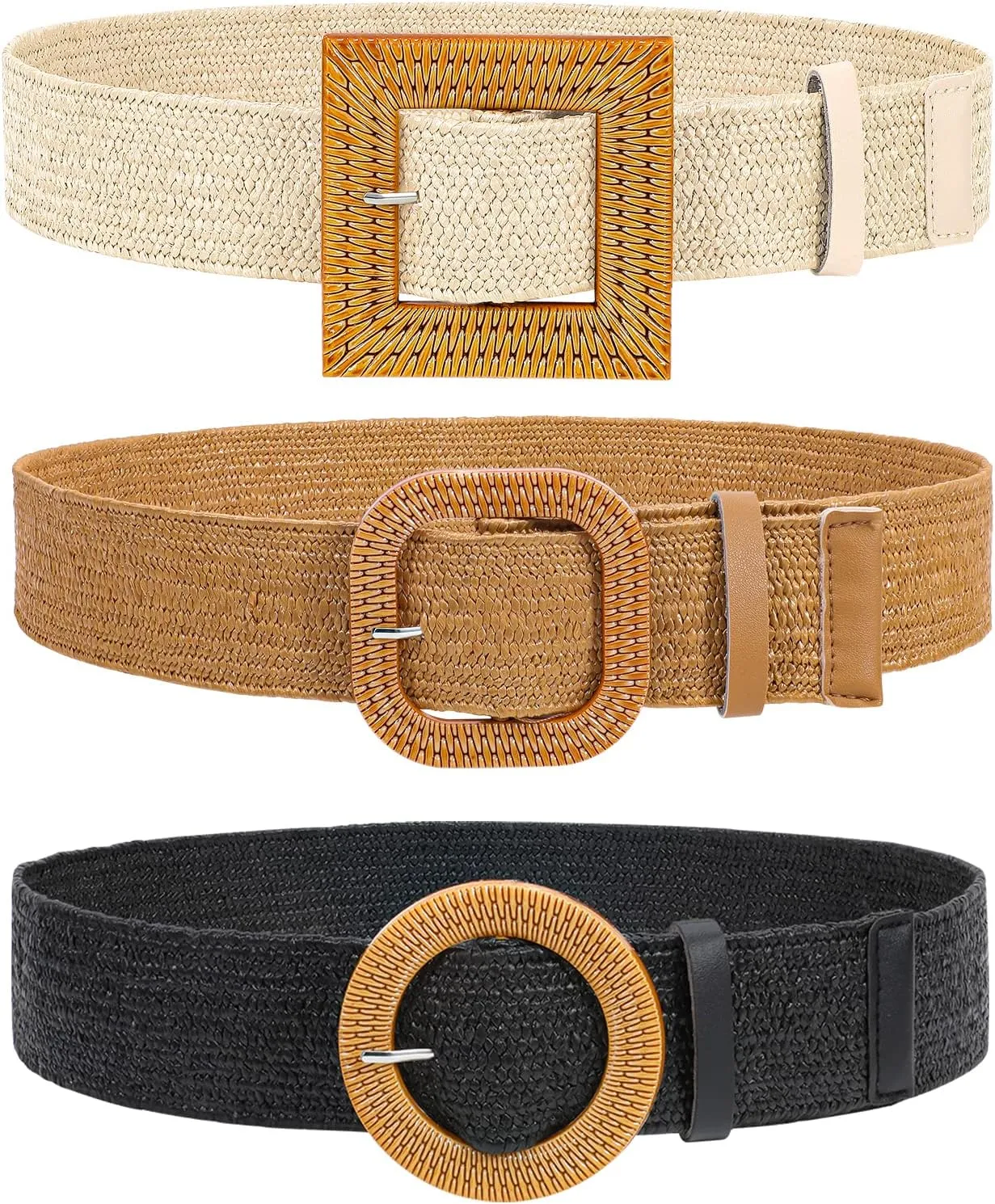VONMELLI 4 Pack Straw Woven Elastic Stretch Waist Belt Fashion Boho Dress Braided Belts for Women