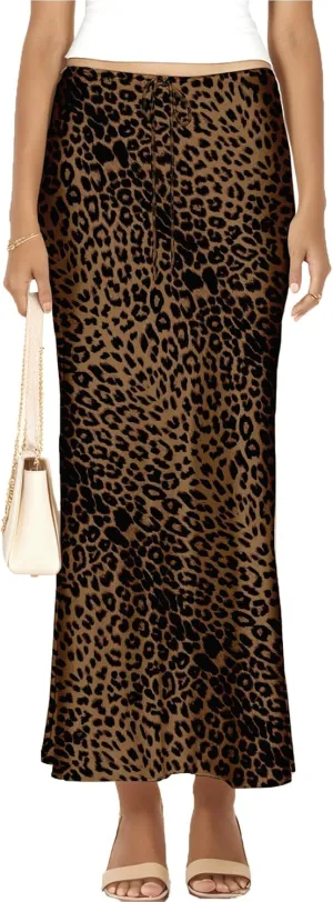 Womens Satin Silk Maxi Skirts Drawstring Flared Casual A-Line Long Skirt for Women