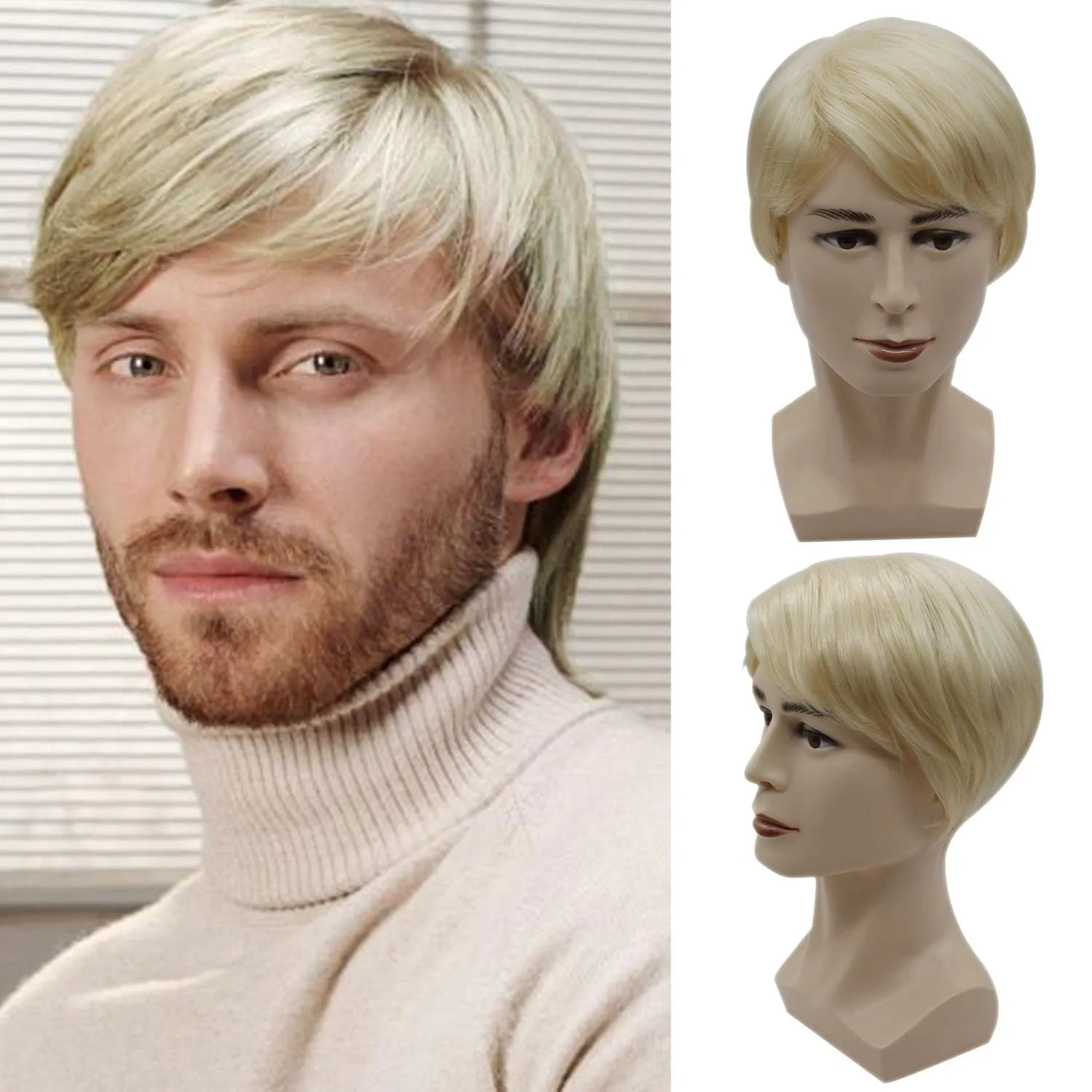 YYHR Men Wig Short Blonde Golden Straight Handsome Synthetic Hair Wigs for Halloween Party